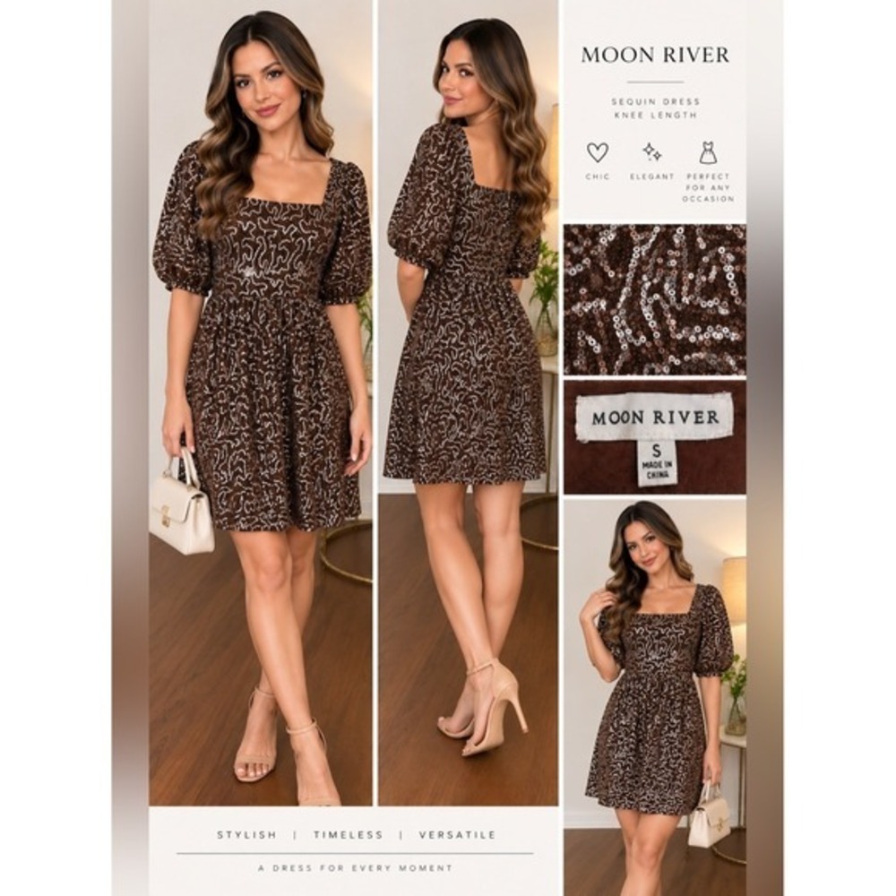 Moon River Brown Sequin Square Neck Puff Sleeve Knee Length Dress Small